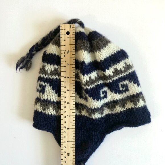 Nepal Wool Knit Winter Hat Toque Ear Flap Navy White Cottage Grandma Fisherman - Picture 12 of 15